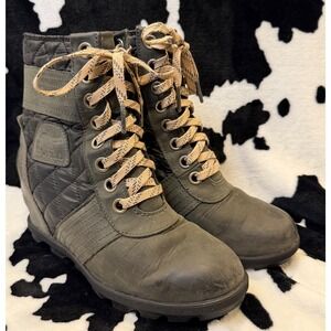 Sorel Joan of Arctic Wedge II Quilted Boots Grey Black Women's 7.5